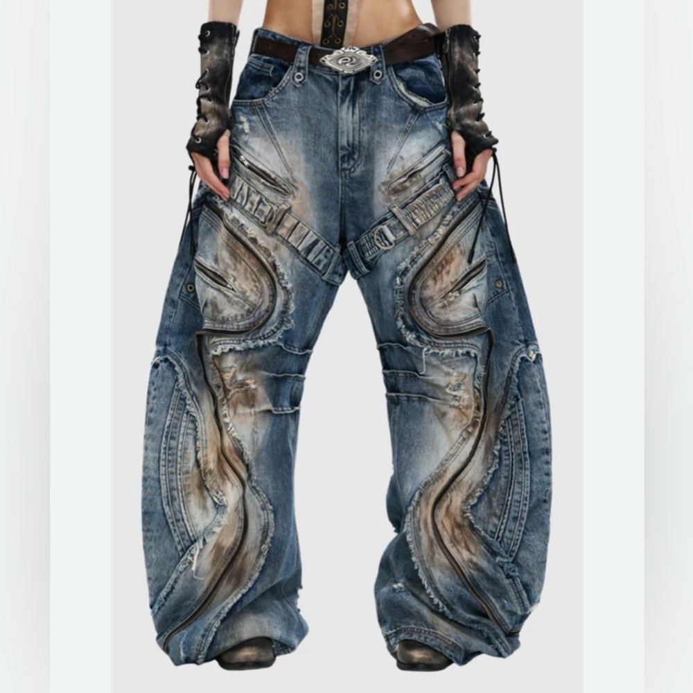 PERSONALSOUL CURVED BLADE PLEADED JEANS DISTRESSED WASH BAGGY FIT JEANS SMALL